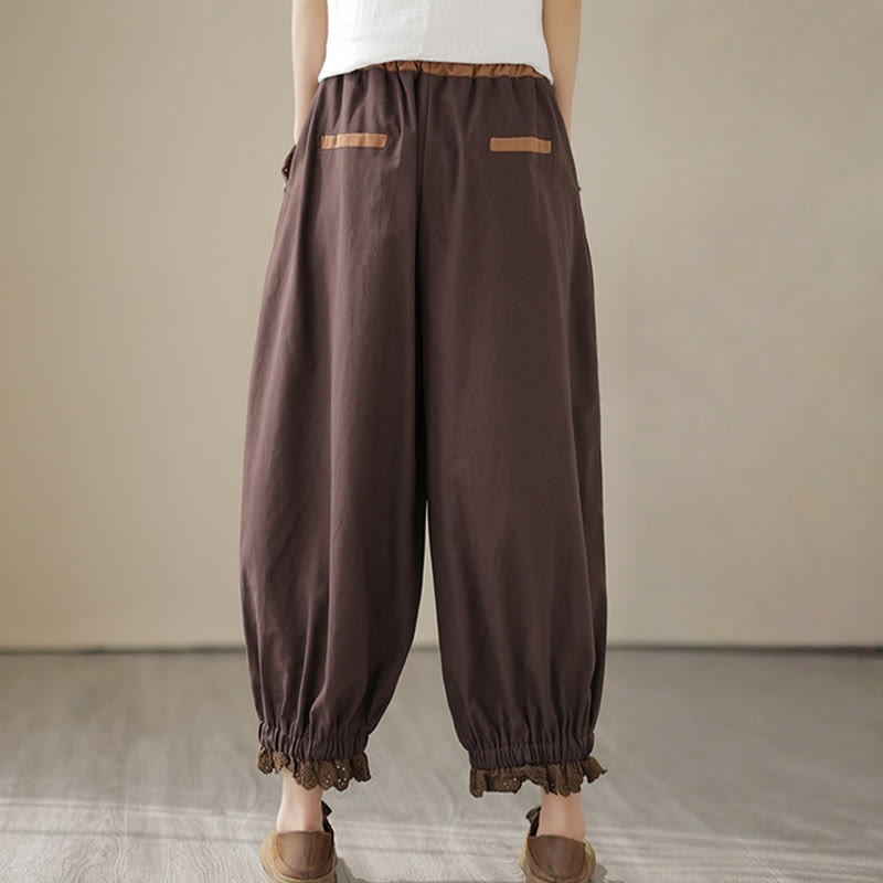 Pantaloni harem da donna in cotone e lino con elastico in vita, con tasche, modello patchwork, casual e primaverili, tinta unita, Buddha Stones