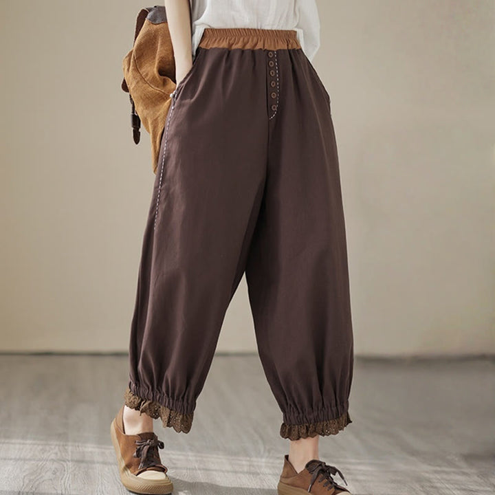Pantaloni harem da donna in cotone e lino con elastico in vita, con tasche, modello patchwork, casual e primaverili, tinta unita, Buddha Stones