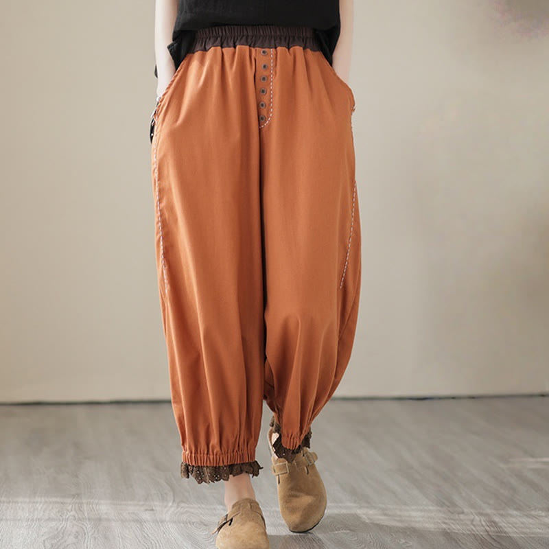Pantaloni harem da donna in cotone e lino con elastico in vita, con tasche, modello patchwork, casual e primaverili, tinta unita, Buddha Stones