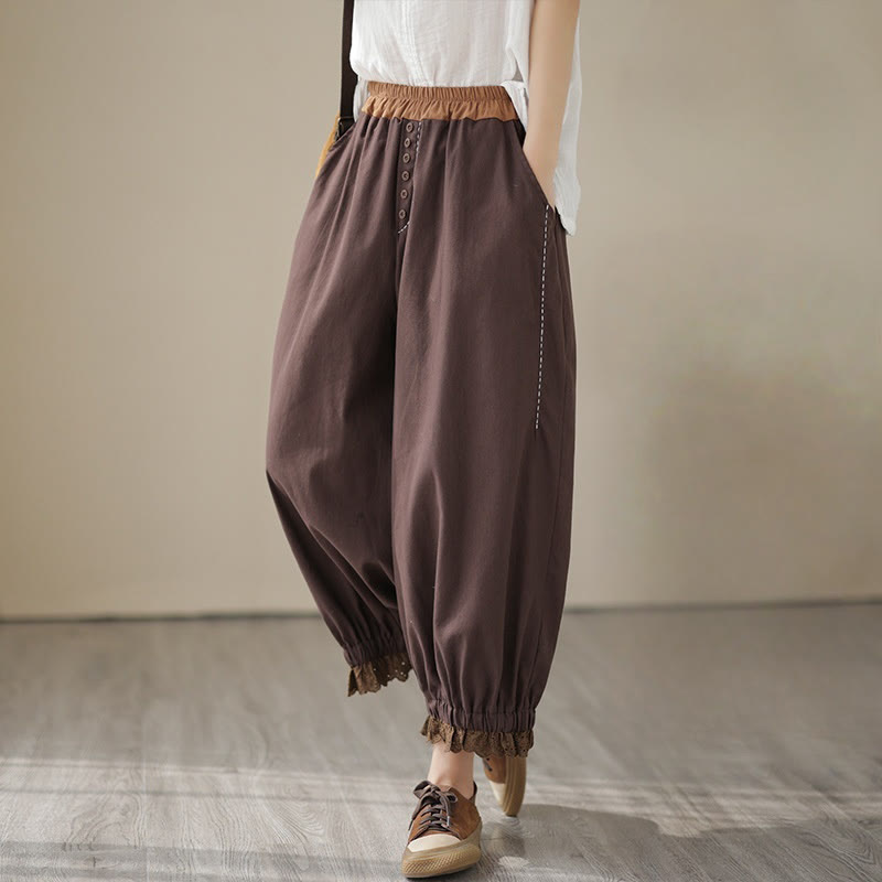 Pantaloni harem da donna in cotone e lino con elastico in vita, con tasche, modello patchwork, casual e primaverili, tinta unita, Buddha Stones