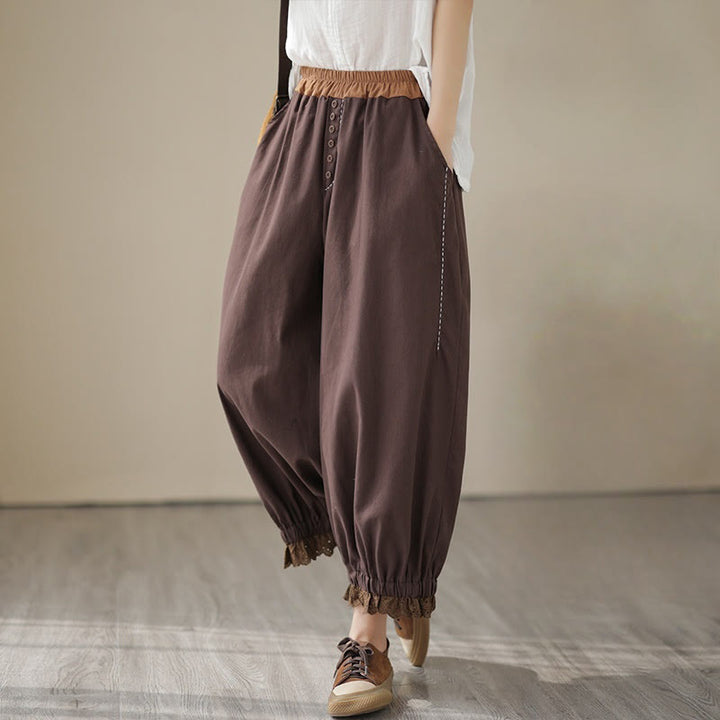Pantaloni harem da donna in cotone e lino con elastico in vita, con tasche, modello patchwork, casual e primaverili, tinta unita, Buddha Stones
