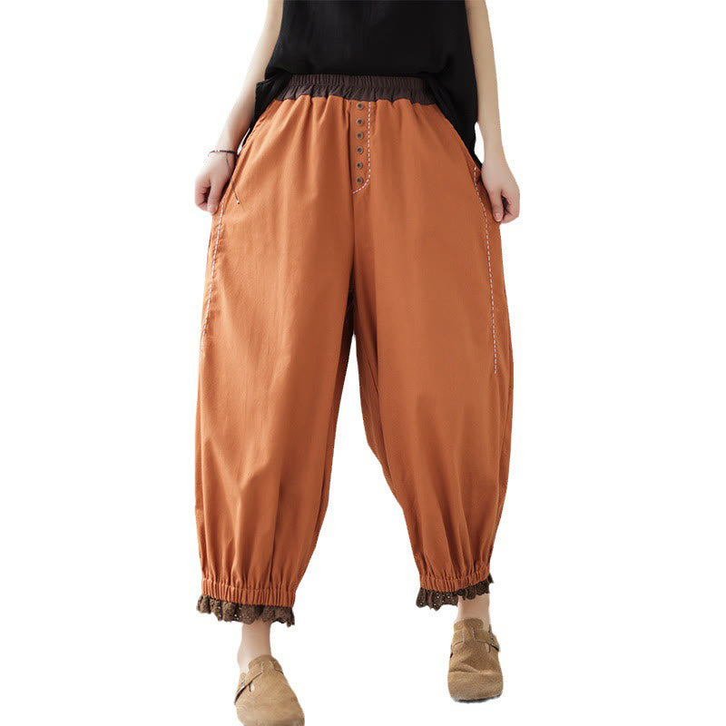 Pantaloni harem da donna in cotone e lino con elastico in vita, con tasche, modello patchwork, casual e primaverili, tinta unita, Buddha Stones