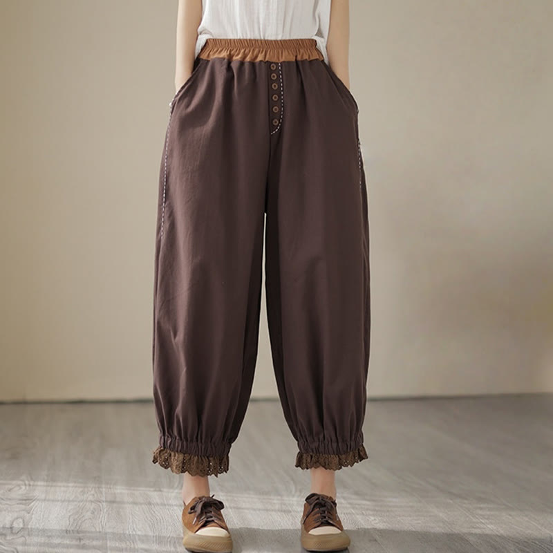 Pantaloni harem da donna in cotone e lino con elastico in vita, con tasche, modello patchwork, casual e primaverili, tinta unita, Buddha Stones