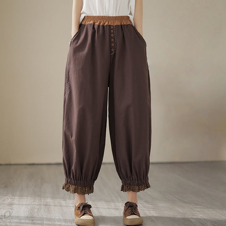 Pantaloni harem da donna in cotone e lino con elastico in vita, con tasche, modello patchwork, casual e primaverili, tinta unita, Buddha Stones