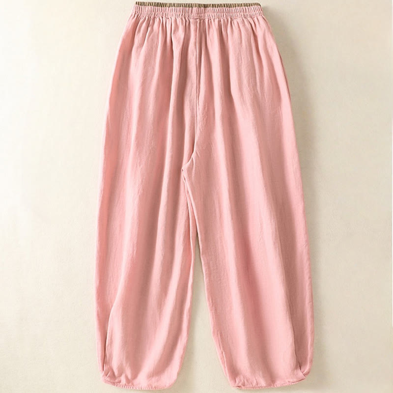 Pantaloni harem da donna in cotone e lino con ricamo Buddha Stones, lunghezza 7-8, con tasche
