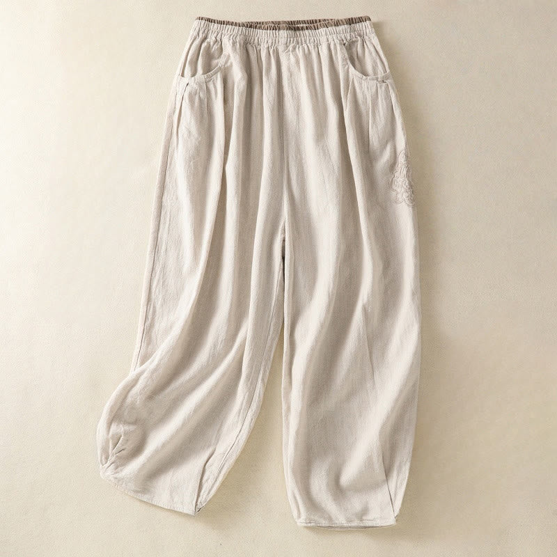 Pantaloni harem da donna in cotone e lino con ricamo Buddha Stones, lunghezza 7-8, con tasche