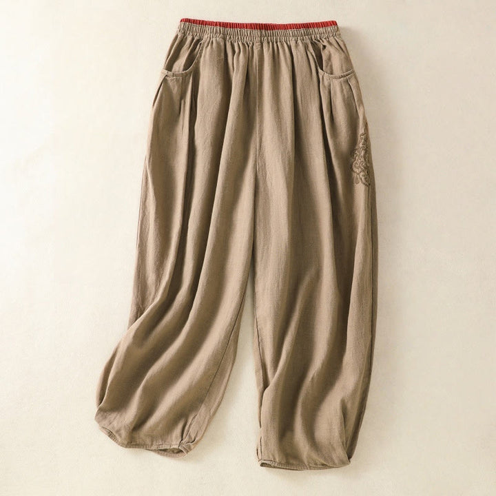 Pantaloni harem da donna in cotone e lino con ricamo Buddha Stones, lunghezza 7-8, con tasche