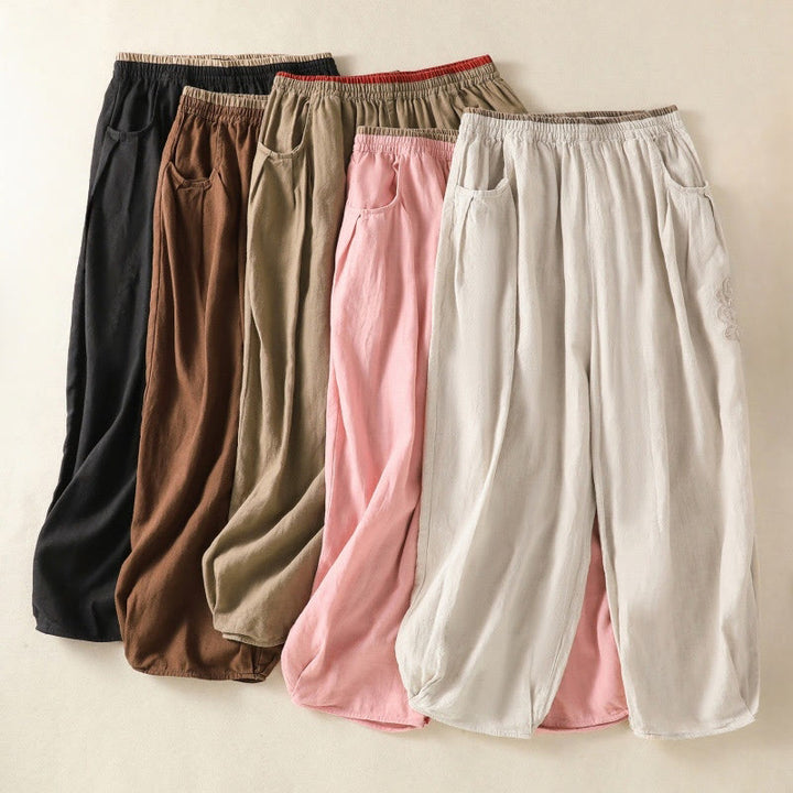 Pantaloni harem da donna in cotone e lino con ricamo Buddha Stones, lunghezza 7-8, con tasche