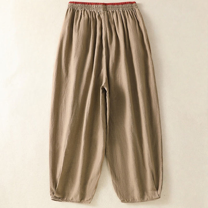 Pantaloni harem da donna in cotone e lino con ricamo Buddha Stones, lunghezza 7-8, con tasche
