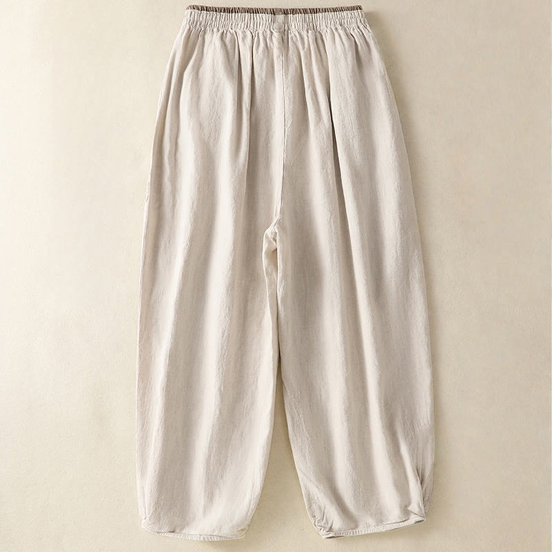 Pantaloni harem da donna in cotone e lino con ricamo Buddha Stones, lunghezza 7-8, con tasche