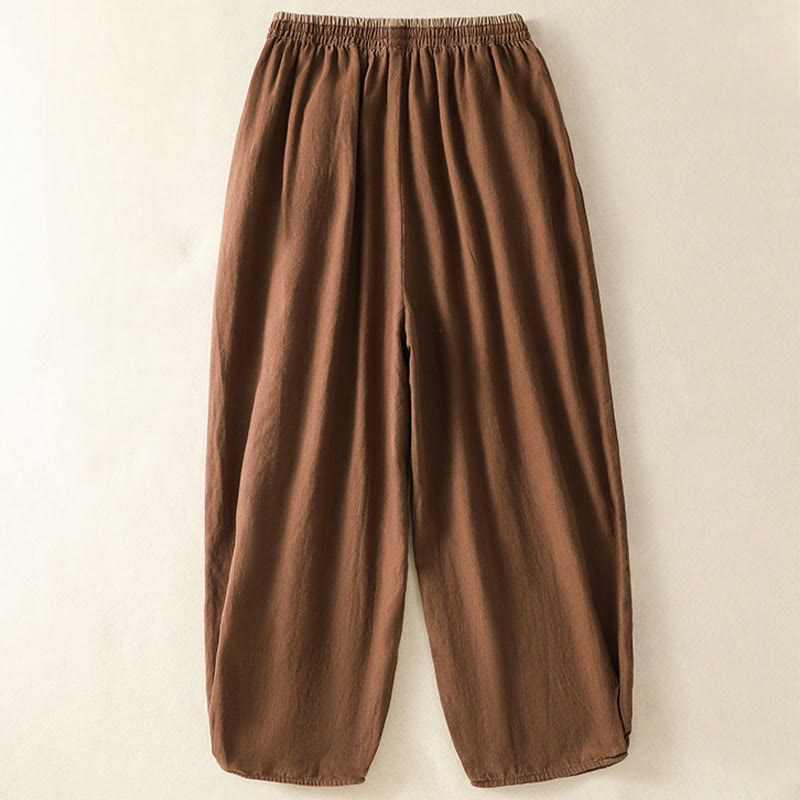 Pantaloni harem da donna in cotone e lino con ricamo Buddha Stones, lunghezza 7-8, con tasche