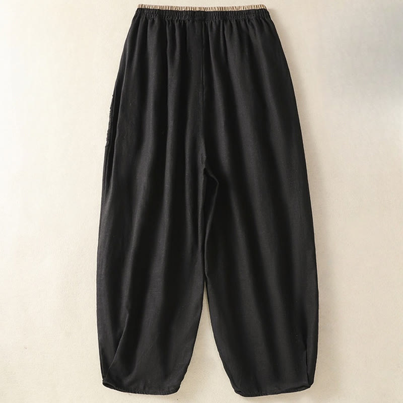 Pantaloni harem da donna in cotone e lino con ricamo Buddha Stones, lunghezza 7-8, con tasche