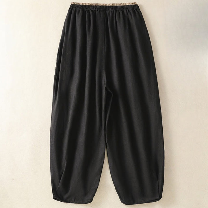Pantaloni harem da donna in cotone e lino con ricamo Buddha Stones, lunghezza 7-8, con tasche