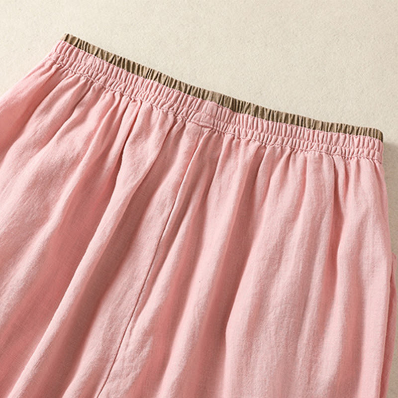 Pantaloni harem da donna in cotone e lino con ricamo Buddha Stones, lunghezza 7-8, con tasche