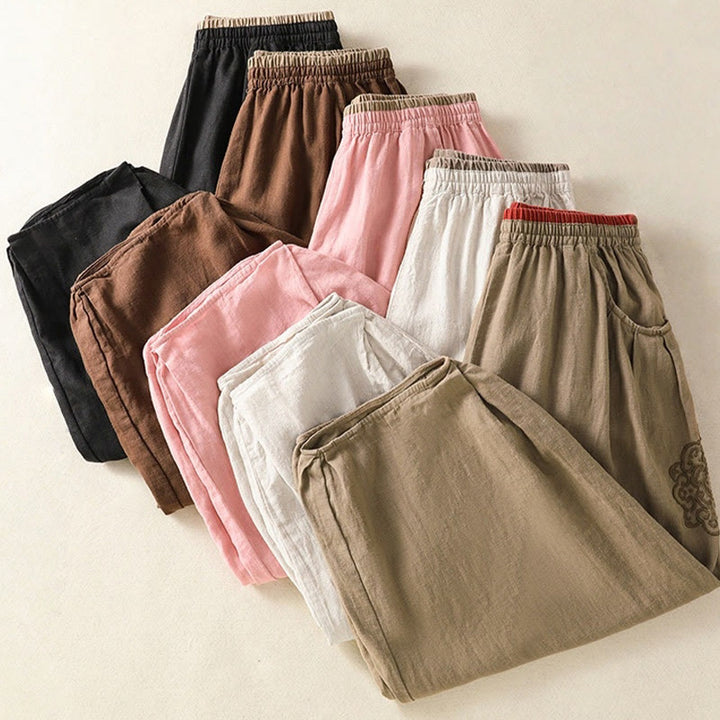 Pantaloni harem da donna in cotone e lino con ricamo Buddha Stones, lunghezza 7-8, con tasche