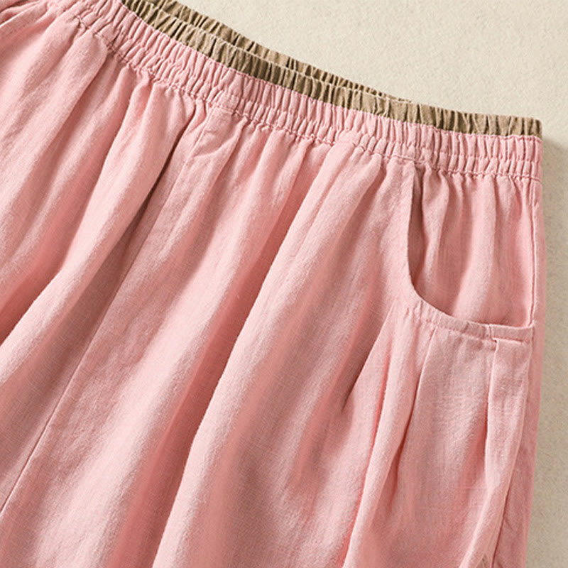 Pantaloni harem da donna in cotone e lino con ricamo Buddha Stones, lunghezza 7-8, con tasche