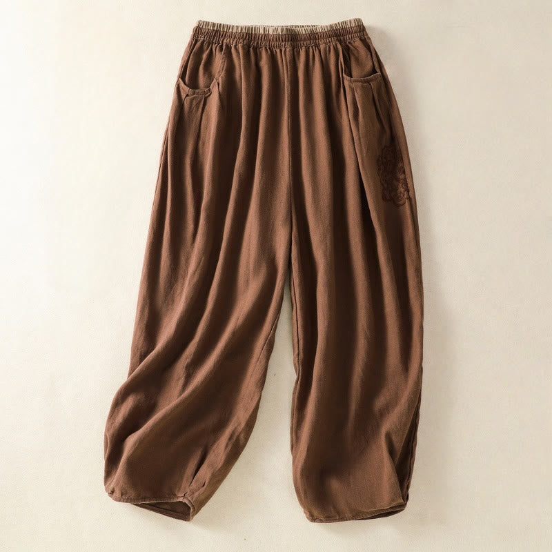 Pantaloni harem da donna in cotone e lino con ricamo Buddha Stones, lunghezza 7-8, con tasche