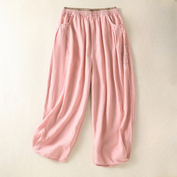 Pantaloni harem da donna in cotone e lino con ricamo Buddha Stones, lunghezza 7-8, con tasche