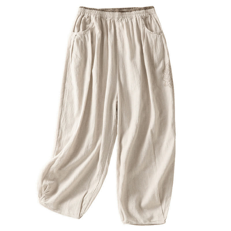 Pantaloni harem da donna in cotone e lino con ricamo Buddha Stones, lunghezza 7-8, con tasche