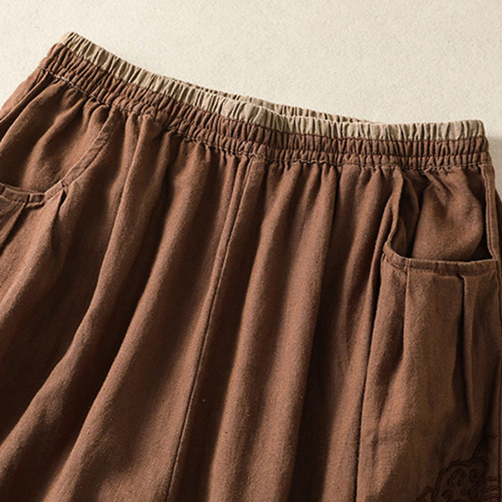 Pantaloni harem da donna in cotone e lino con ricamo Buddha Stones, lunghezza 7-8, con tasche
