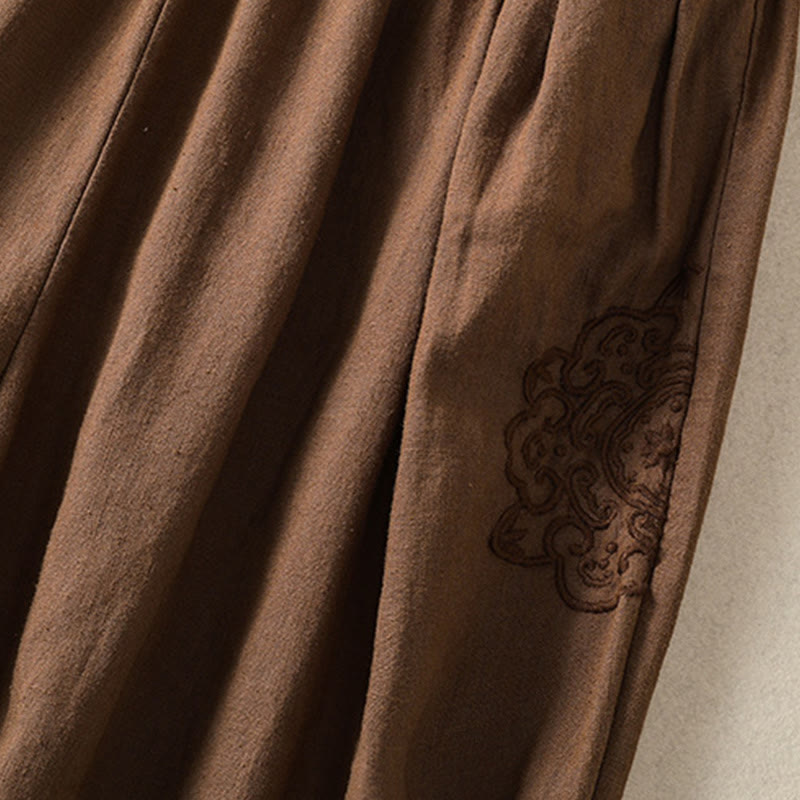 Pantaloni harem da donna in cotone e lino con ricamo Buddha Stones, lunghezza 7-8, con tasche
