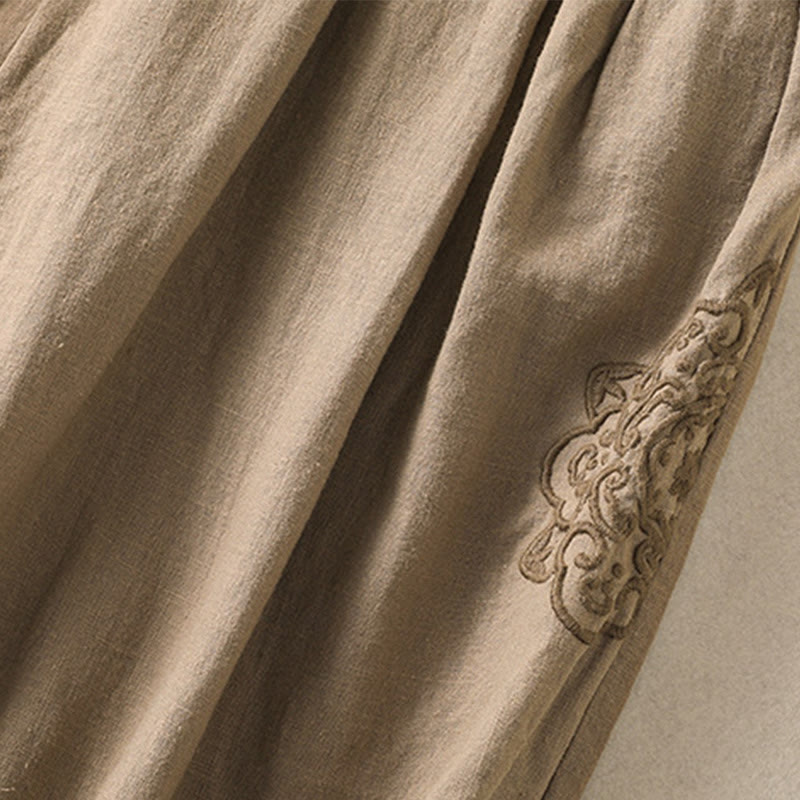 Pantaloni harem da donna in cotone e lino con ricamo Buddha Stones, lunghezza 7-8, con tasche