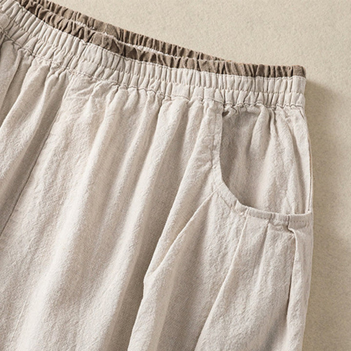Pantaloni harem da donna in cotone e lino con ricamo Buddha Stones, lunghezza 7-8, con tasche