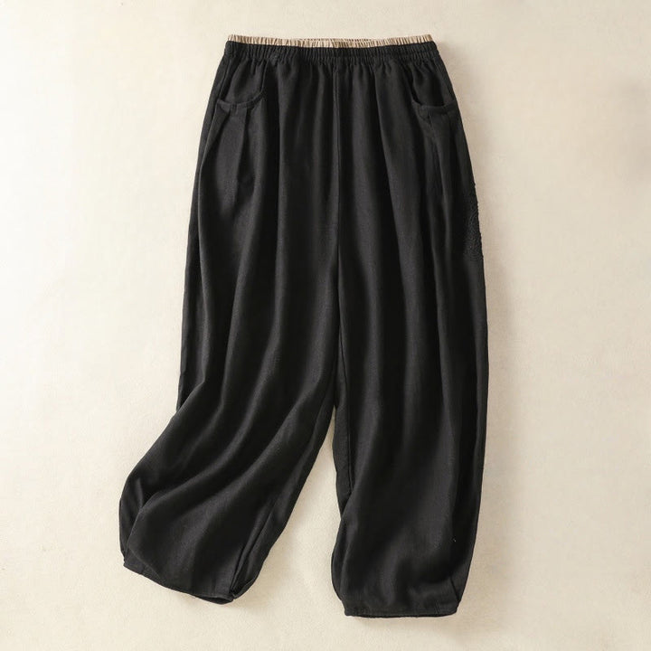 Pantaloni harem da donna in cotone e lino con ricamo Buddha Stones, lunghezza 7-8, con tasche