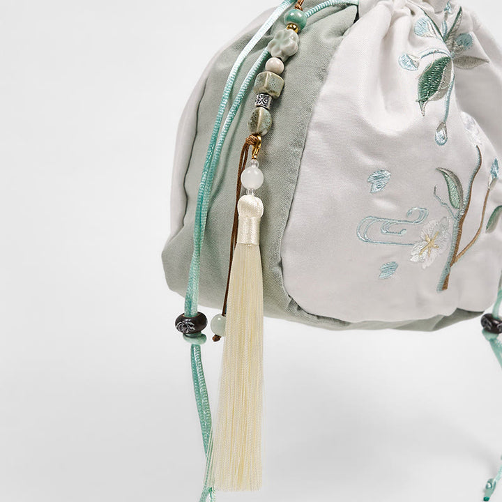 Borsa a tracolla in tela con ricamo Buddha Stones, motivo: fiore di pero verde
