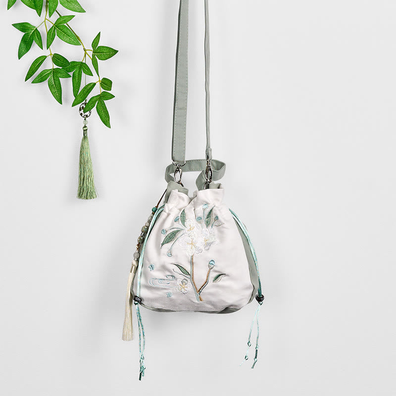 Borsa a tracolla in tela con ricamo Buddha Stones, motivo: fiore di pero verde