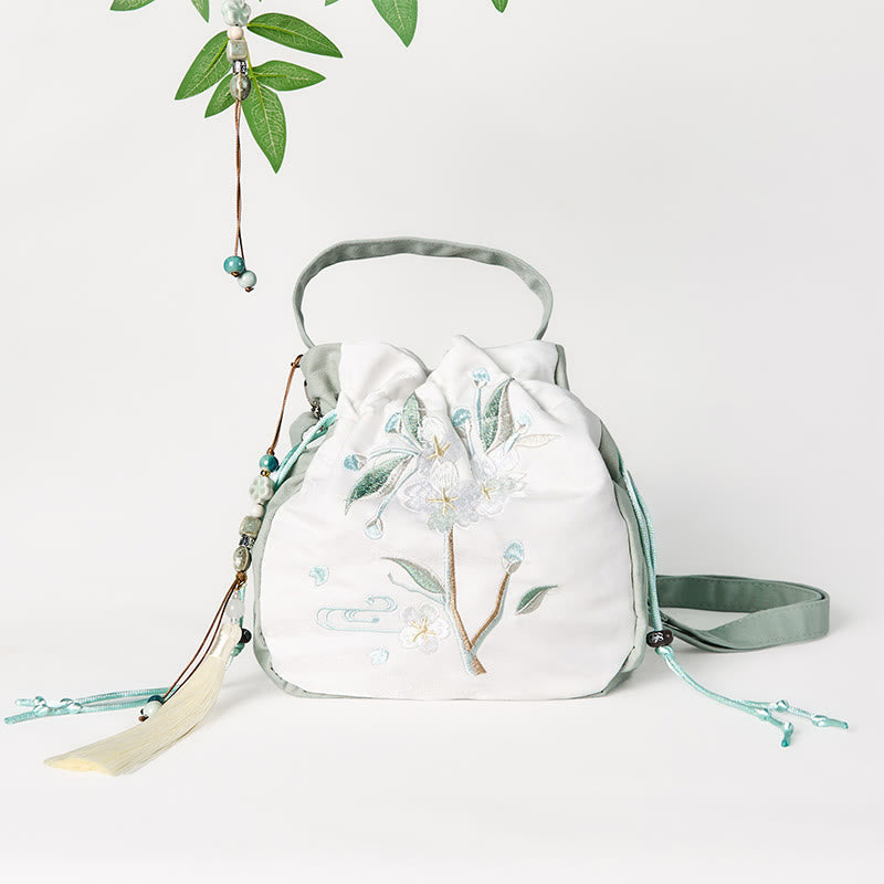 Borsa a tracolla in tela con ricamo Buddha Stones, motivo: fiore di pero verde