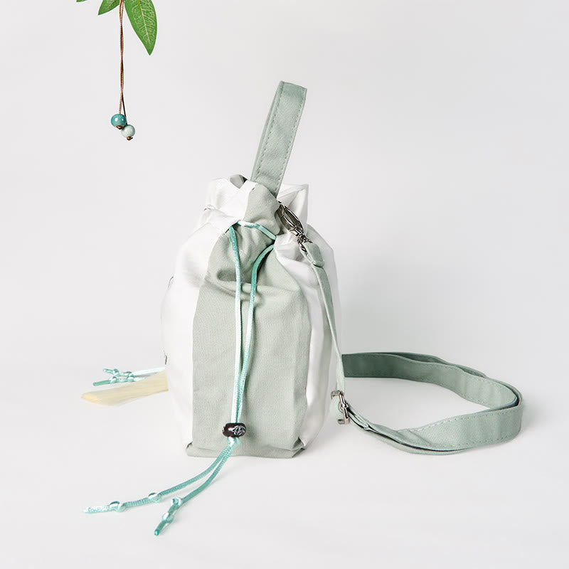 Borsa a tracolla in tela con ricamo Buddha Stones, motivo: fiore di pero verde
