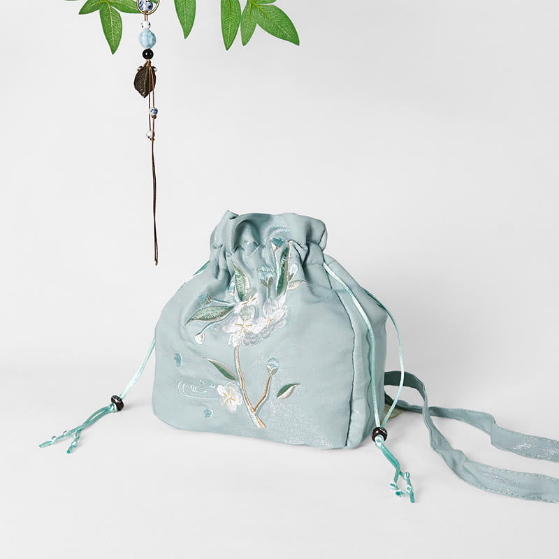 Borsa a tracolla in tela con Buddha Stones ricamate, fiori verdi, foglie e fiori