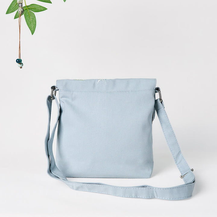 Borsa a tracolla in cotone e lino Epiphyllum azzurro chiaro ricamata con Buddha Stones