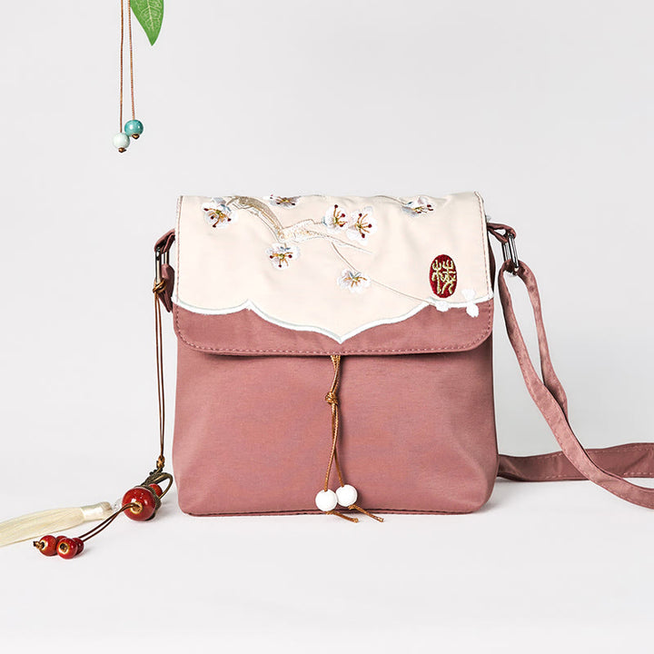 Borsa a tracolla in cotone e lino con tracolla in prugna Bossom ricamata marrone Buddha Stones
