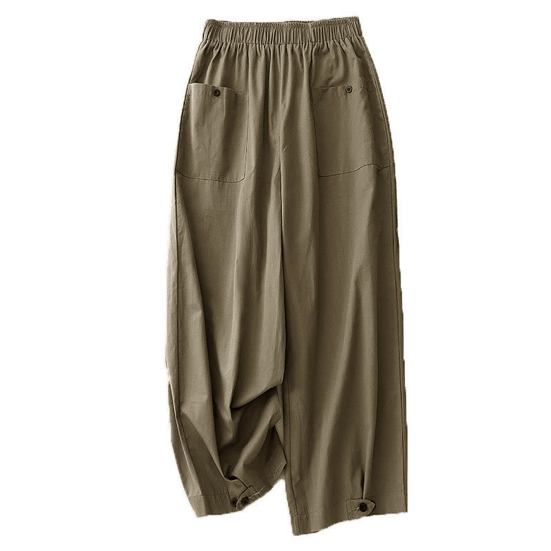Pantaloni da donna in cotone a gamba larga con tasche, modello Buddha Stones, casual, vintage, tinta unita, con bottoni