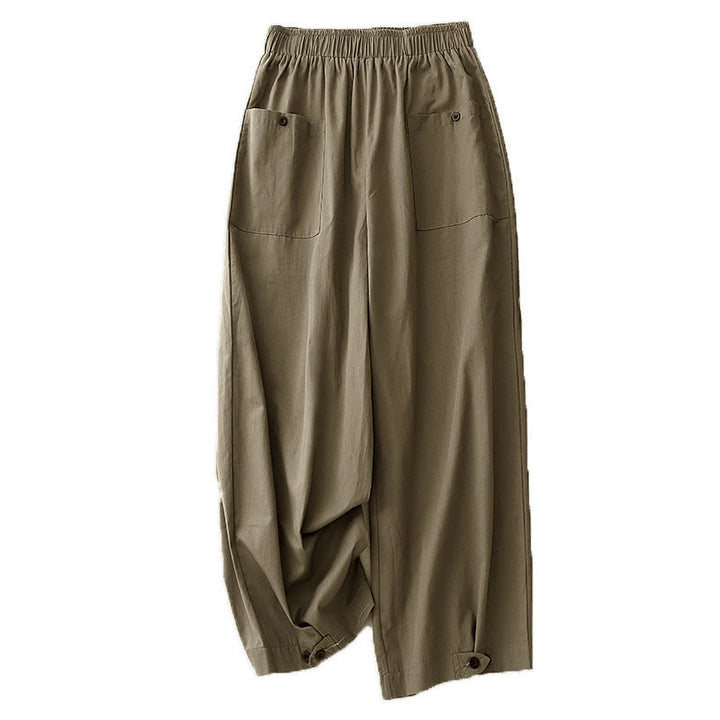 Pantaloni da donna in cotone a gamba larga con tasche, modello Buddha Stones, casual, vintage, tinta unita, con bottoni