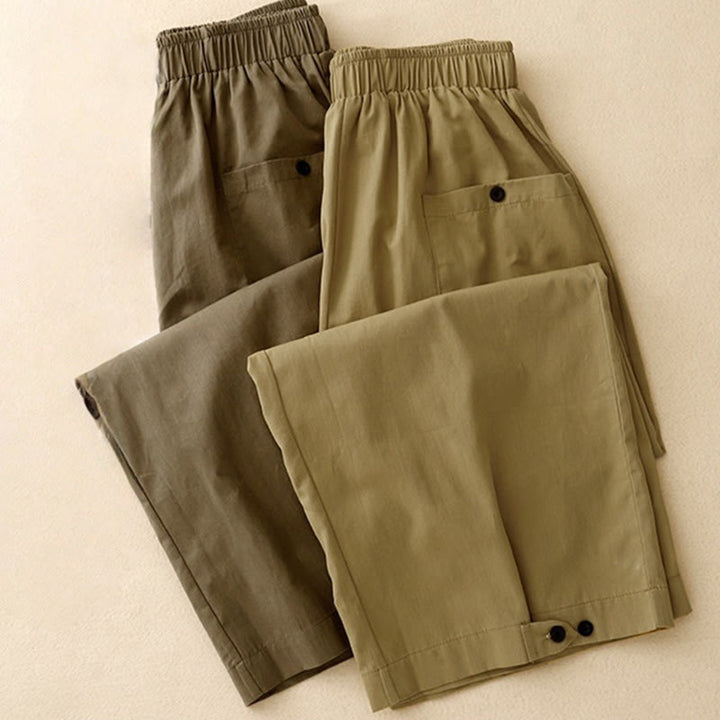 Pantaloni da donna in cotone a gamba larga con tasche, modello Buddha Stones, casual, vintage, tinta unita, con bottoni