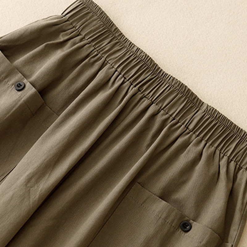 Pantaloni da donna in cotone a gamba larga con tasche, modello Buddha Stones, casual, vintage, tinta unita, con bottoni