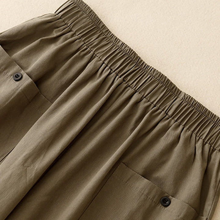 Pantaloni da donna in cotone a gamba larga con tasche, modello Buddha Stones, casual, vintage, tinta unita, con bottoni