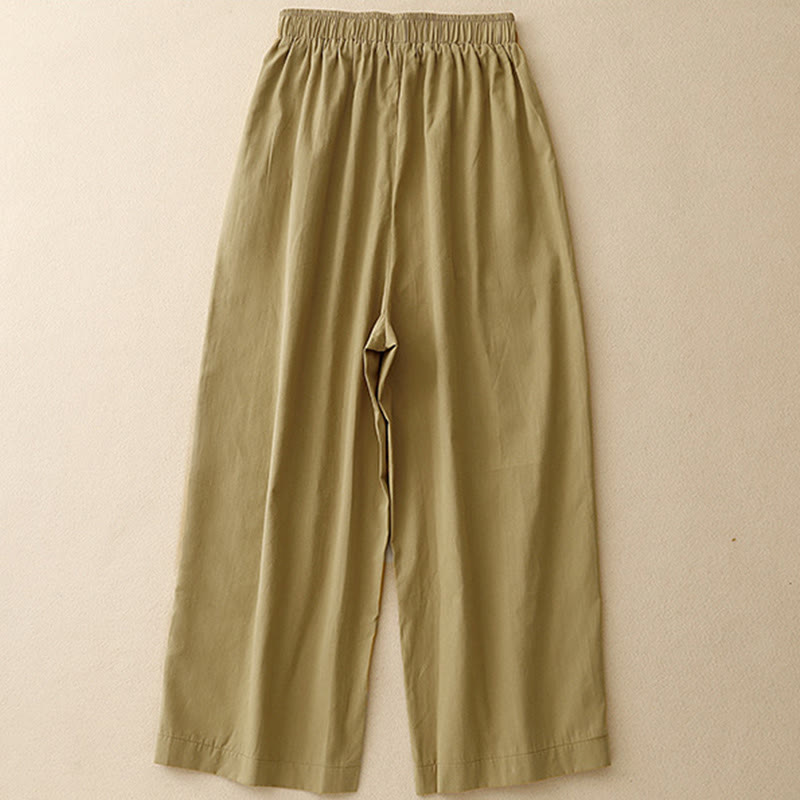 Pantaloni da donna in cotone a gamba larga con tasche, modello Buddha Stones, casual, vintage, tinta unita, con bottoni