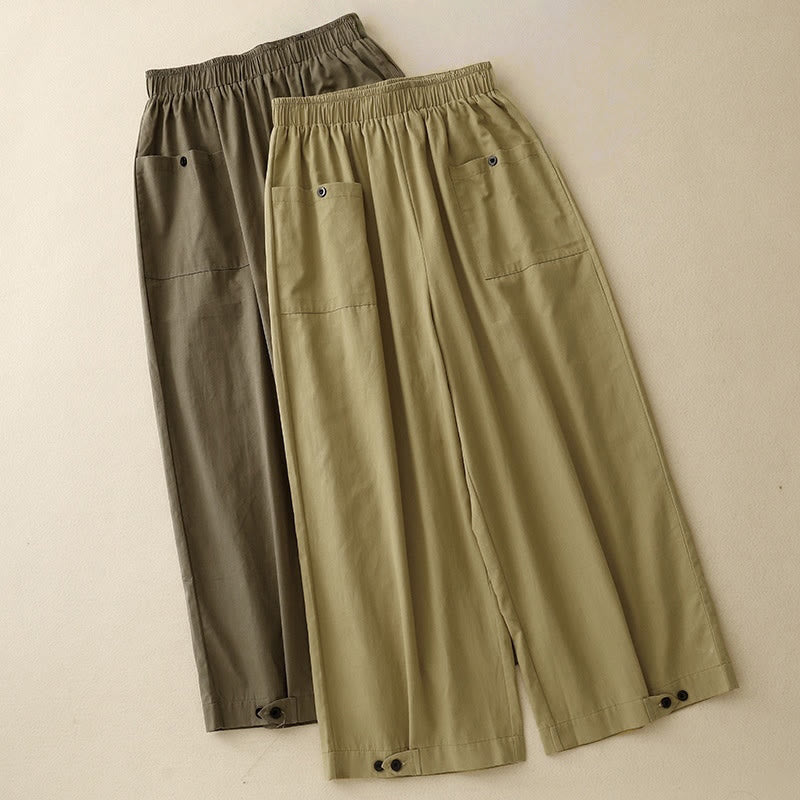 Pantaloni da donna in cotone a gamba larga con tasche, modello Buddha Stones, casual, vintage, tinta unita, con bottoni
