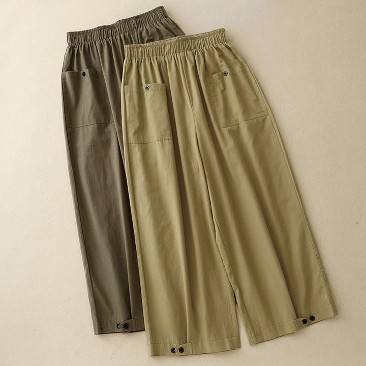 Pantaloni da donna in cotone a gamba larga con tasche, modello Buddha Stones, casual, vintage, tinta unita, con bottoni