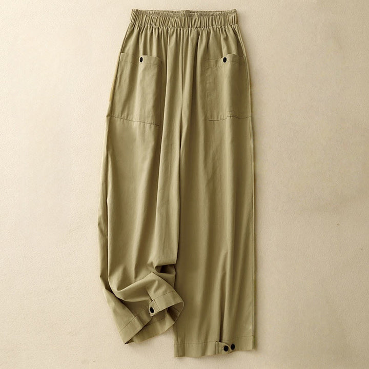 Pantaloni da donna in cotone a gamba larga con tasche, modello Buddha Stones, casual, vintage, tinta unita, con bottoni