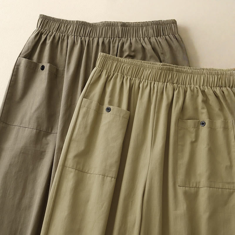 Pantaloni da donna in cotone a gamba larga con tasche, modello Buddha Stones, casual, vintage, tinta unita, con bottoni
