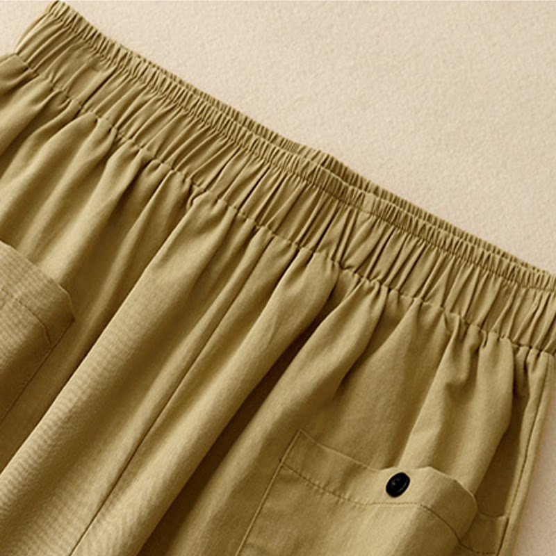 Pantaloni da donna in cotone a gamba larga con tasche, modello Buddha Stones, casual, vintage, tinta unita, con bottoni