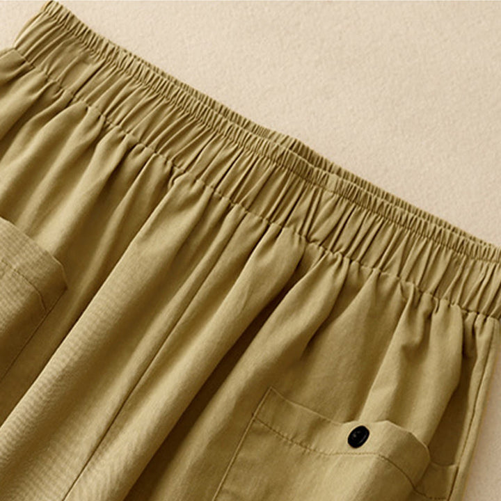 Pantaloni da donna in cotone a gamba larga con tasche, modello Buddha Stones, casual, vintage, tinta unita, con bottoni