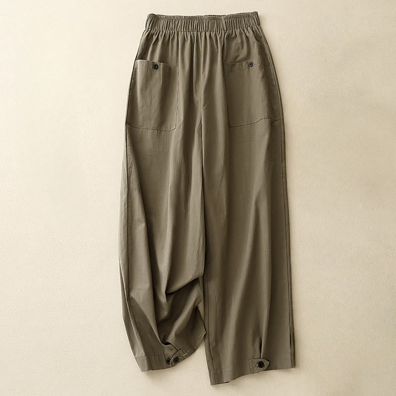 Pantaloni da donna in cotone a gamba larga con tasche, modello Buddha Stones, casual, vintage, tinta unita, con bottoni - Oliva - US8-10, UK/AU12-14, EU40-42 (2XL) - image 8