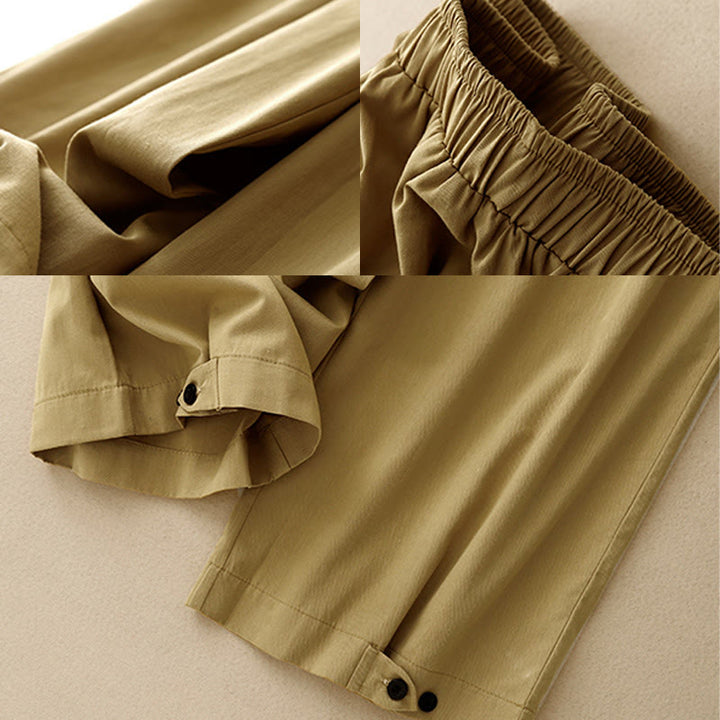 Pantaloni da donna in cotone a gamba larga con tasche, modello Buddha Stones, casual, vintage, tinta unita, con bottoni