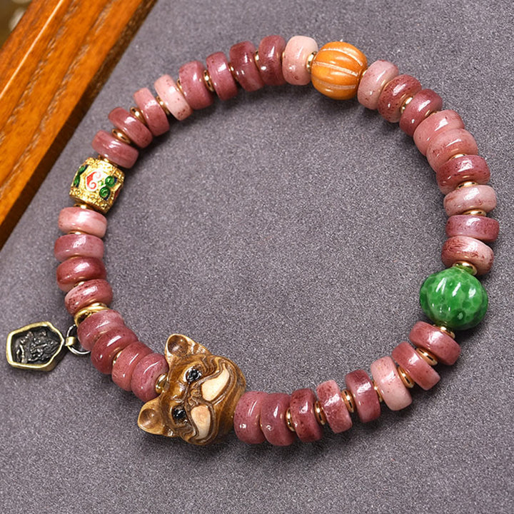 Braccialetto portafortuna Pug con perline di sangue viola in osso di cammello tibetano naturale Buddha Stones